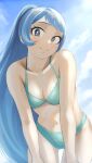  1girl absurdres ass_visible_through_thighs bare_shoulders beach bikini blue_eyes blue_hair blue_sky boku_no_hero_academia breasts cleavage closed_mouth collarbone fengling_(furin-jp) hadou_nejire highres large_breasts leaning_forward long_hair looking_at_viewer ponytail sky smile solo sunlight swimsuit 