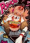  1girl alternate_costume bead_bracelet beads belt black_belt blue_pants bracelet chainsaw_man character_name cross-shaped_pupils demon_girl demon_horns denim fur_scarf heart highres horns jeans jewelry long_hair looking_at_viewer mojiba7 orange_hair orange_tank_top pants power_(chainsaw_man) red_nails solo stomach_piercing striped_wristband symbol-shaped_pupils tank_top torn_clothes torn_pants wristband yellow_eyes 
