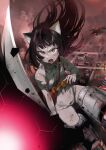  1girl angry animal_ears aohashi_ame black_hair cat_ears cat_girl destruction flying highres holding holding_sword holding_weapon imperial_japanese_army injury katana long_hair neuroi no_pants open_mouth original panties second-party_source striker_unit sword tail torn_clothes underwear weapon white_panties world_witches_series yellow_eyes 