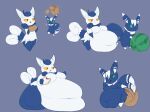 2022 anthro belly big_belly blue_body blue_fur duo female food fur generation_6_pokemon hi_res huge_belly maniacalfork meowstic nintendo obese overweight pokemon pokemon_(species) simple_background stuffing weight_gain white_body white_fur