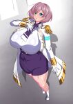  1girl absurdres arutesu_ara blue_eyes breasts corset curvy gloves gridman_universe hand_on_own_chest highres huge_breasts looking_at_viewer military military_jacket military_uniform mujina necktie parted_lips plump purple_corset purple_necktie purple_shorts short_hair short_shorts shorts solo ssss.dynazenon thick_thighs thighs uniform white_footwear white_gloves 