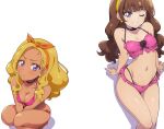  2girls amamiya_erena amanogawa_kirara arm_support bangs bikini black_choker black_flower black_rose blunt_bangs blush breast_squeeze breasts brown_hair choker collarbone dark-skinned_female dark_skin earrings flower frilled_bikini frills go!_princess_precure grin hairband hairu heart heart_earrings highres jewelry leaning_back long_hair looking_at_viewer low_twintails medium_breasts mole mole_under_eye multi-strapped_bikini multiple_girls nail_polish navel one_eye_closed orange_hairband pink_bikini precure purple_eyes rose side-tie_bikini sitting smile squatting star_(symbol) star_earrings star_twinkle_precure swimsuit tan twintails v_arms white_background yellow_hairband 