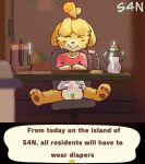ageplay animal_crossing anthro canid canine canis chair clean_diaper clothed clothing detailed_background diaper domestic_dog electronics english_text eyes_closed female fur furniture hi_res isabelle_(animal_crossing) mammal microphone nintendo pantsless pawpads paws roleplay s4n shirt sippy_cup sitting smile solo speech_bubble text topwear wearing_diaper wetness_indicator yellow_body yellow_fur
