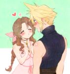  1boy 1girl aerith_gainsborough bangs bare_arms belt blonde_hair blue_eyes blue_skirt blush braid braided_ponytail breasts brown_hair choker cleavage closed_eyes cloud_strife couple dress final_fantasy final_fantasy_vii final_fantasy_vii_remake flower_choker green_background hair_between_eyes hair_ribbon heart jacket jacket_removed krudears medium_breasts own_hands_together parted_bangs pink_dress pink_ribbon puckered_lips ribbon sidelocks skirt sleeveless sleeveless_turtleneck spiked_hair sundress sweat turtleneck two-tone_background upper_body wavy_hair white_background 