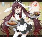  1girl :d =_= animal_ears apron bangs black_hairband black_skirt blurry blurry_background brown_hair center_frills chopsticks closed_eyes collared_shirt commentary_request cosplay depth_of_field fake_animal_ears fang fleur_de_lapin_uniform floppy_ears flower-shaped_pupils food food_request frilled_apron frilled_hairband frilled_skirt frills genshin_impact gochuumon_wa_usagi_desu_ka? hair_between_eyes hairband holding holding_tray hu_tao_(genshin_impact) letterboxed long_hair mitya pleated_skirt puffy_short_sleeves puffy_sleeves rabbit_ears red_eyes shirt short_sleeves skirt smile solo symbol-shaped_pupils teeth thighhighs tray twitter_username upper_teeth very_long_hair waist_apron white_apron white_shirt 