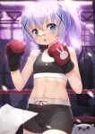  1girl bangs black_shorts black_sports_bra blue_eyes boxing_gloves boxing_ring breasts cleavage collarbone cowboy_shot gochuumon_wa_usagi_desu_ka? hair_between_eyes hair_ornament highres kafuu_chino long_hair looking_at_viewer midriff navel ponytail short_shorts shorts small_breasts solo sparkle sports_bra standing stomach taku_michi tippy_(gochiusa) triangle_mouth very_long_hair white_hair x_hair_ornament 