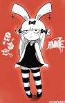  666 accessory annie_(disfigure/rafielo) bone bow_ribbon clothing disfigure dress female footwear goth hair hair_accessory hair_bow hair_ribbon hi_res lagomorph leporid long_hair mammal pentagram rabbit red_background ribbons signature simple_background skull socks solo text 