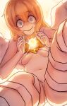  1girl angel angel_wings arms_at_sides backlighting blonde_hair blue_eyes breasts bright_background crazy_smile dot_nose energy_ball eyes_visible_through_hair feathered_wings from_below hair_between_eyes halo hexagram highres long_hair lucifina_(mon-musu_quest!) medium_breasts mon-musu_quest! mon-musu_quest:_paradox naked_ribbon navel open_mouth own_hands_together ribbon shaded_face smile solo star_(symbol) thighs to_kage_p white_ribbon white_wings wide-eyed wings yellow_halo 