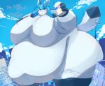3_fingers a_raimei ambiguous_gender anthro arm_on_chest belly_jiggle big_breasts blue_body blue_eyes blue_fur blue_hair blush breast_jiggle breasts building butt_jiggle cat_nose dark_body dark_fur destroyed_building eeveelution english_text eyelashes fingers flabby_arms flabby_legs fox_tail fur generation_4_pokemon glaceon hair hi_res huge_breasts jiggling long_ears looking_at_viewer macro milk_jar navel nintendo nude obese obese_ambiguous obese_anthro open_mouth overweight overweight_ambiguous overweight_anthro pink_tongue pokemon pokemon_(species) raised_arm saggy_belly signature solo tail tail_motion tailwag text tongue