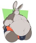  5_fingers anthro belly big_butt boot_(artist) buckteeth bulge butt clothing countershade_belly countershade_torso countershading fingers fur green_background grey_belly grey_body grey_fur hi_res lagomorph leporid long_ears male mammal moobs mostly_nude navel nintendo overweight overweight_anthro overweight_male peppy_hare rabbit red_eyes simple_background solo star_fox tattoo teeth thick_thighs underwear video_games white_background 