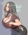  1girl agawa_ryou belt blue_eyes breasts cleavage curvy grey_hair huge_breasts large_breasts lipstick long_hair makeup original pants shirt simple_background solo thick_thighs thighs wide_hips 