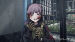  1girl absurdres artist_name black_jacket blood blood_on_face brown_hair bulletproof_vest commentary ear_protection english_commentary escape_from_tarkov game_screenshot_background gloves highres jacket klamol lapwing_(vrchat) looking_at_viewer magazine_(weapon) mechanix_wear microphone open_mouth screenshot_background smile solo teeth two-tone_gloves vrchat 