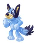  anthro blue_body blue_fur bluey_(series) bluey_heeler canid canine canis casual_nudity domestic_dog eye_markings fluffy fur gloves_(marking) grin hand_to_face hi_res leg_markings male mammal markings multicolored_body multicolored_fur narrowed_eyes rose-i-guess smile socks_(marking) solo squint two_tone_body two_tone_fur 