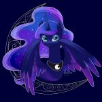  absurd_res black_body black_feathers blue_eyes equid equine feathers female feral friendship_is_magic half-closed_eyes hi_res horn looking_at_viewer mammal moon_symbol my_little_pony narrowed_eyes princess_luna_(mlp) purple_body purple_feathers signature solo starry_hair winged_unicorn wings wutongtree 