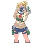  1girl bangs blonde_hair blue_shirt boku_no_hero_academia buttons calf_socks cardigan double_bun hair_bun hand_to_own_mouth jet_kimchrea long_sleeves looking_back mask messy_hair mouth_mask neckerchief red_neckerchief school_uniform shirt solo teeth thigh_strap toga_himiko tube upper_body white_background yellow_eyes 