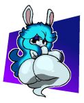  2022 anthro bedroom_eyes big_breasts big_butt blue_hair bottomless breasts butt clothed clothing digital_media_(artwork) eyelashes eyeshadow fangs female ghost hair huge_butt lagomorph long_hair looking_at_viewer looking_back looking_back_at_viewer makeup mammal narrowed_eyes partially_clothed rabbid rabbid_ghost_girl raving_rabbids rayman_(series) rear_view seductive shaded side_view smile smiling_at_viewer solo spirit toony topwear ubisoft video_games windreg1 