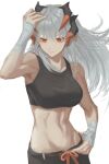  1girl absurdres arknights arm_up bakage bandages bangs bare_arms bare_shoulders breasts commentary_request crop_top grey_hair hand_wraps highres horns large_breasts long_hair looking_at_viewer midriff navel orange_eyes saria_(arknights) simple_background solo sports_bra stomach upper_body white_background 