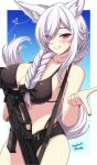  1girl absurdres animal_ear_fluff animal_ears bikini black_bikini black_bow black_nails bow breasts character_name cleavage collarbone discordia_(vtuber) eyes_visible_through_hair fox_ears fox_girl fox_tail gun hair_bow hair_over_one_eye heart highres holding holding_gun holding_weapon indie_virtual_youtuber large_breasts long_braid long_hair o-ring o-ring_bikini red_eyes rifle sayossa_(pak-front) smile solo swimsuit tail thank_you virtual_youtuber weapon white_hair 