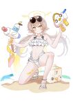  1girl absurdres anklet asymmetrical_dual_wielding beach bikini black_bow blue_archive blush bow brown_hair collarbone cooler dual_wielding eyewear_on_head flat_chest frilled_bikini frills full_body hair_between_eyes halo halterneck hands_up hashtag-only_commentary hifumi_(blue_archive) hifumi_(swimsuit)_(blue_archive) highres holding jewelry long_hair looking_to_the_side low_twintails multi-strapped_bikini_bottom navel off-shoulder_bikini off_shoulder official_alternate_costume peroro_(blue_archive) reiami ribbon-trimmed_bikini ribbon-trimmed_swimsuit ribbon_trim round_eyewear sand sandals side-tie_bikini_bottom simple_background smile solo squatting sunglasses swimsuit twintails very_long_hair water water_gun waves white_background white_bikini winged_halo yellow_eyes yellow_halo 