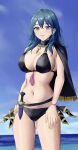  1girl bangs bikini black_bikini black_cape blue_eyes blue_hair blue_sky breasts byleth_(fire_emblem) byleth_(fire_emblem)_(female) cape cleavage closed_mouth cloud collarbone commentary_request cowboy_shot dagger day fire_emblem fire_emblem:_three_houses fire_emblem_heroes hair_between_eyes hand_on_hip highres knife large_breasts long_hair looking_at_viewer midriff navel ocean sheath sheathed sidelocks single_bare_shoulder sky smile solo standing swimsuit tassel thrananaart weapon wristband 