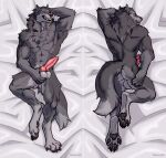 2025 4_toes 5_fingers abs animal_genitalia animal_penis anthro arm_tuft armpit_tuft artist_name backsack balls bed bedding bedding_background bedroom_eyes biceps big_balls big_penis black_claws black_lips black_nose black_pawpads butt canid canine canine_genitalia canine_penis canis cheek_tuft claws dakimakura dakimakura_design digitigrade dipstick_tail elbow_tuft erection facial_tuft fangs feet finger_claws fingers fluffy fluffy_fur fluffy_tail fondling front_view fur furniture genitals grey_body grey_fur hand_behind_head hand_on_butt hand_on_crotch hand_on_leg head_on_hand hi_res inner_ear_fluff knot leg_markings lips looking_at_viewer looking_back lying male mammal mane markings multicolored_body multicolored_fur multiple_angles muscular muscular_anthro muscular_male narrowed_eyes navel neck_tuft nude on_back on_bed on_front pawpads paws pecs penis pink_penis presenting rear_view seductive self_fondle shaded sharp_teeth signature smile snaggle_tooth socks_(marking) solo tail tail_markings teeth text toe_claws toes toothy_smile tougu tuft two_panel_image vargore wolf yellow_eyes