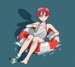  1girl amate_yuzuriha aqua_eyes bare_shoulders barefoot bikini blue_background closed_mouth dou_(mame_eee) full_body gundam gundam_gquuuuuux halterneck haro hashtag-only_commentary highres innertube on_innertube partially_submerged red_eyes red_hair shadow short_hair simple_background striped_innertube swim_ring swimsuit toenails 