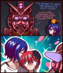  1boy 1girl amate_yuzuriha aqua_eyes aqua_shirt blue_hair blush closed_mouth collared_shirt gloves glowing glowing_eyes gundam gundam_gquuuuuux highres holding long_sleeves looking_at_viewer mecha mecha_focus mobile_suit multicolored_hair open_mouth purple_eyes purple_hair red_eyes red_gundam red_hair robot school_uniform science_fiction shirt short_hair shuji_ito smelling smelling_hair smile two-tone_hair upper_body v-fin zeon132 