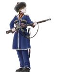 1girl antique_firearm army bags_under_eyes belt black_boots blue_coat blue_pants boots braid brown_eyes brown_hair cherkeska coat cossack dagger epaulettes firelock flintlock freckles full_body fur_hat gazyr gun gun_sling hat high_collar holding holding_weapon katyusha_(98269886) kindjal knife lanyard looking_to_the_side military military_uniform musket original pants papakha red_shirt red_trim red_undershirt scabbard shashka sheath sheathed shirt short_hair simple_background smile solo standing weapon white_background white_trim 