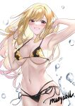  1girl arm_up armpits bangs bare_arms bare_shoulders bikini black_bikini blonde_hair blush breasts collarbone commentary cowboy_shot grin hand_in_own_hair hand_up highres kitagawa_marin large_breasts long_hair looking_at_viewer maoyao-ll navel pink_eyes side-tie_bikini simple_background smile solo sono_bisque_doll_wa_koi_wo_suru standing stomach swimsuit very_long_hair white_background 