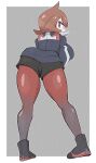  1girl arezu_(pokemon) ass black_boots black_shorts blue_jacket boots border breasts commentary_request grey_background highres jacket kurachi_mizuki large_breasts leaning_forward legs looking_at_viewer looking_back outside_border pantyhose pantyhose_under_shorts pokemon pokemon_legends:_arceus red_eyes red_hair red_pantyhose shorts simple_background solo white_border 
