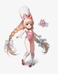  1girl absurdres braid brown_hair chef_hat cherry crust_(nikke) drone flat_chest food food-themed_hair_ornament food_costume fruit gloves goddess_of_victory:_nikke hair_ornament hair_ribbon hat highres long_hair open_mouth playboy_bunny rabbit_hair_ornament rabbit_tail red_eyes ribbon sagle simple_background strawberry_hair_ornament stuffed_animal stuffed_rabbit stuffed_toy tail thighs twin_braids white_background white_gloves 