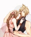  1boy 1girl aerith_gainsborough bangle bangs bare_arms blonde_hair blue_eyes blue_shirt bracelet braid braided_ponytail breasts brown_hair choker closed_eyes cloud_strife couple dress final_fantasy final_fantasy_vii final_fantasy_vii_remake hair_between_eyes hair_ribbon hand_on_another&#039;s_chest hand_on_another&#039;s_head hetero highres jewelry long_dress long_hair looking_at_another medium_breasts muscular muscular_male parted_bangs parted_lips pink_dress ribbon shirt short_hair sidelocks sleeping sleeveless sleeveless_turtleneck smile spiked_hair turtleneck upper_body wavy_hair white_background yco_030601 