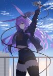  1girl absurdres animal_ears arknights arms_up black_bow black_jacket black_shirt black_shorts black_thighhighs blue_sky bow closed_mouth cloud cloudy_sky cowboy_shot grappling_hook grey_eyes hair_bow highres holding jacket lens_flare long_hair long_sleeves looking_at_viewer navel one_eye_closed open_clothes open_jacket purple_hair rabbit_ears rope_(arknights) rroc_(rrck11) shirt shorts sky smile solo thighhighs 