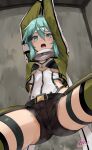  1girl absurdres aqua_eyes aqua_hair arms_up belt black_belt black_leotard black_shorts breasts commentary_request commission green_jacket hair_ornament hairclip highres indoors jacket leotard long_sleeves looking_at_viewer medium_breasts multicolored_leotard open_clothes open_jacket open_mouth restrained short_hair short_shorts shorts sinon skeb_commission sword_art_online tea_(nakenashi) thigh_strap thighs two-tone_leotard variant_set white_leotard 