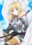  1girl armor blonde_hair dress feathers fire_emblem fire_emblem:_three_houses fire_emblem_warriors:_three_hopes fur_collar gloves green_dress green_eyes green_gloves highres holding holding_reins ingrid_brandl_galatea misato_hao official_alternate_costume official_alternate_hairstyle pegasus pegasus_wings reins riding 