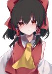  1girl ascot bangs black_hair blush bow closed_mouth detached_sleeves hair_bow hair_tubes hakurei_reimu hayuk0 highres looking_at_viewer red_bow red_eyes red_shirt shirt short_hair sidelocks simple_background solo sweat touhou upper_body white_background yellow_ascot 