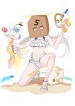  1girl absurdres anklet asymmetrical_dual_wielding bag beach bikini black_bow blue_archive blush bow brown_hair collarbone cooler dual_wielding faust_(blue_archive) flat_chest frilled_bikini frills full_body halo halterneck hands_up hashtag-only_commentary hifumi_(blue_archive) hifumi_(swimsuit)_(blue_archive) highres holding jewelry long_hair looking_to_the_side low_twintails mask multi-strapped_bikini_bottom navel off-shoulder_bikini off_shoulder official_alternate_costume paper_bag peroro_(blue_archive) reiami ribbon-trimmed_bikini ribbon-trimmed_swimsuit ribbon_trim sand sandals side-tie_bikini_bottom simple_background smile solo squatting swimsuit twintails very_long_hair water water_gun waves white_background white_bikini winged_halo yellow_eyes yellow_halo 