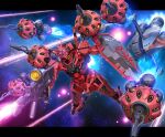  beam_rifle bit_(gundam) blue_eyes braw_bro commentary energy_gun firing flying glowing glowing_eyes gun gundam gundam_gquuuuuux highres holding holding_gun holding_weapon letterboxed mecha mecha_focus mobile_armor mobile_suit motion_blur no_humans outside_border red_gundam robot science_fiction shield solo space star_(sky) v-fin weapon zb_(dawn-blue) zeon 