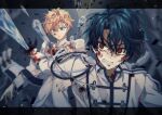  2boys black_hair blonde_hair blood blood_on_clothes blood_on_face blood_splatter blue_eyes facing_viewer heathcliff_blanchett highres looking_down looking_to_the_side mahoutsukai_no_yakusoku male_focus multiple_boys naruta_iyo open_mouth parted_lips red_eyes shino_sherwood short_hair teeth 