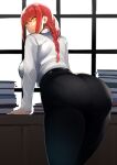  1girl ass ass_focus back braid breasts chainsaw_man desk from_behind highres huge_ass large_breasts long_hair makima_(chainsaw_man) nuezou pants parted_lips red_hair sketch solo tight tight_pants yellow_eyes 
