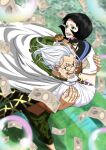  1boy 1girl banknote beard black_hair bubble carrying carrying_person cloak commentary_request crop_top facial_hair glasses highres hood hooded_cloak money musasabiop one_piece open_mouth scar scar_across_eye scar_on_face shakuyaku_(one_piece) silvers_rayleigh smile white_hair 