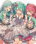 3girls ^_^ bare_shoulders belt black_belt blush buttons clenched_hand closed_eyes commentary_request detached_sleeves double-breasted dress facing_viewer fang feet_out_of_frame gradient_sleeves green_hair grin hair_ornament hair_ribbon hands_up hatsune_miku highres hinomori_shizuku holding_another's_hair layered_dress long_hair long_sleeves matching_outfits momoi_airi more_more_jump!_miku multiple_girls open_mouth project_sekai puffy_long_sleeves puffy_sleeves red_hair ribbon sleeveless sleeveless_dress smile standing striped_ribbon twintails two_side_up uminokaisen vocaloid white_background white_dress wide_sleeves wrist_cuffs 