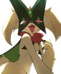 2024 absurd_res anthro claws colored digital_media_(artwork) felid feline female female_anthro finger_claws fur generation_9_pokemon green_body green_fur green_tail half-length_portrait head_tuft hi_res jagged_mouth kemono light lighting looking_at_viewer mammal mask meowscarada monotone_body monotone_fur monotone_tail nintendo nude open_mouth pink_tongue pokemon pokemon_(species) portrait pupils red_eyes simple_background slit_pupils solo tail tale_(artist) tongue tongue_out tuft white_background
