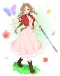  1girl aerith_gainsborough bangle bangs blush boots bracelet braid braided_ponytail breasts brown_hair bug butterfly choker cleavage cropped_jacket dress falling_leaves final_fantasy final_fantasy_vii final_fantasy_vii_remake flower flower_choker full_body green_eyes hair_ribbon holding holding_staff jacket jewelry krudears leaf long_dress medium_breasts open_mouth parted_bangs pink_dress pink_ribbon red_jacket ribbon short_sleeves sidelocks smile solo staff sundress wavy_hair 