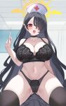  1boy 1girl absurdres bare_shoulders black_bra black_choker black_hair black_panties black_shirt black_thighhighs blue_archive blush bra breasts choker cleavage cross cross_earrings earrings hair_over_one_eye halo hat highres hinata_(blue_archive) holding holding_syringe indoors jewelry kurochomo lace lace_bra lace_panties large_breasts lingerie long_hair looking_at_viewer nurse_cap open_mouth panties red_cross red_eyes shirt straddling syringe thighhighs tongue tongue_out underwear underwear_only very_long_hair winged_halo yellow_halo 