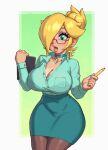  1girl absurdres blonde_hair blue_eyes breasts choker cleavage curvy earrings glasses hair_over_one_eye highres jewelry large_breasts long_sleeves mario_(series) office_lady pantyhose pencil_skirt riz rosalina shirt skirt solo wide_hips 