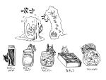  6+girls admire_vega_(umamusume) animal_ears cat cup food gift_bag greyscale highres horse_ears jungle_pocket_(umamusume) mame_nabe_donko manhattan_cafe_(umamusume) menacing_(jojo) mini_person minigirl monochrome mug multiple_girls narita_top_road_(umamusume) sound_effects speech_bubble t.m._opera_o_(umamusume) translation_request umamusume vial 