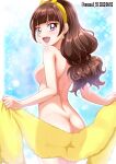  1girl :d amanogawa_kirara ass back bangs bare_back blunt_bangs breasts brown_hair completely_nude dated earrings from_behind go!_princess_precure hairband hanzou highres holding holding_towel jewelry long_hair looking_at_viewer looking_back low_twintails medium_breasts nude precure purple_eyes see-through sideboob smile solo sparkle star_(symbol) star_earrings towel twintails twitter_username yellow_hairband 