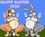 ahegao anthro belly big_belly big_breasts big_nipples birth black_eyes blonde_hair blue_eyes both_pregnant breasts bugs_bunny crossgender dark_eyes duo easter easter_egg egg egg_from_pussy english_text female female/female fur genitals gesture grey_body grey_fur hair hand_gesture hi_res holidays lagomorph leporid lola_bunny looking_pleasured looney_tunes mammal mika_elendil mikathefluffywolf multiple_pregnancies nipples nude open_mouth orange_body orange_fur outside oviposition pregnant pregnant_anthro pregnant_female presenting presenting_pussy pubes pubic_mound pussy rabbit signature spread_legs spreading stretched_pussy swollen_nipples tan_body tan_fur text tongue tongue_out v_sign warner_brothers watermark