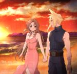  1boy 1girl aerith_gainsborough bandaged_arm bandages bangs bare_arms beach belt blonde_hair blue_eyes blue_pants blue_shirt blush brown_hair cloud cloud_strife cloudy_sky couple dress earrings final_fantasy final_fantasy_vii final_fantasy_vii_remake green_eyes hair_down holding_hands jacket jacket_removed jewelry krudears long_dress long_hair looking_at_another ocean outdoors pants parted_bangs parted_lips pink_dress shirt sidelocks single_earring sky sleeveless sleeveless_turtleneck spiked_hair sunset turtleneck upper_body 